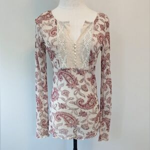 Denim & Supply Ralph Lauren  Paisley Sheer Mesh Lace Henley Top Y2K